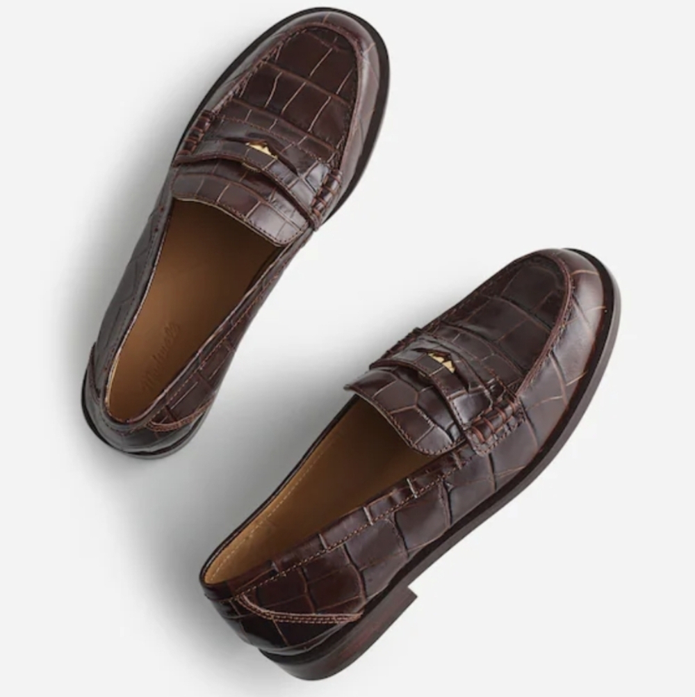 Madewell Croc-Embossed Penny Loafers in Dark Brown